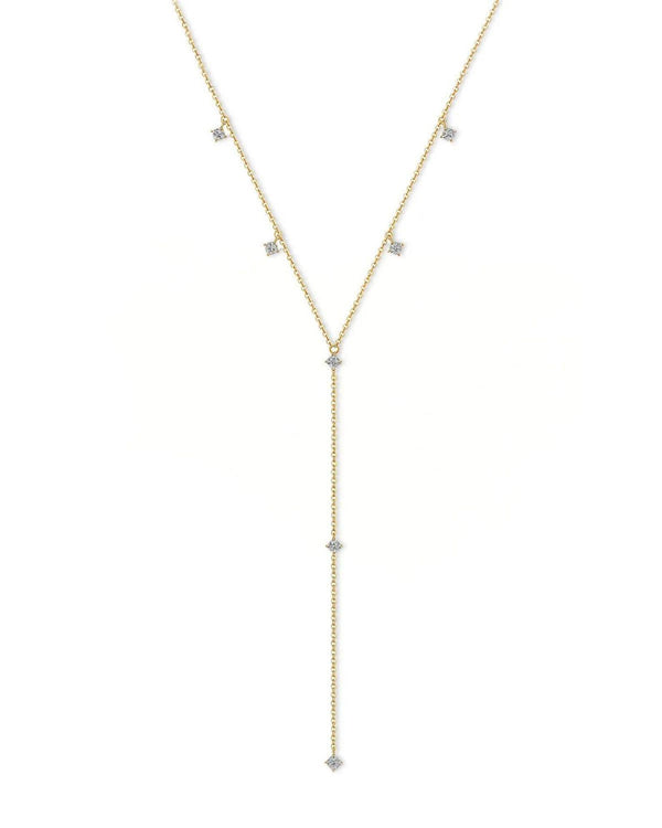 14K Solid Gold Y-Shaped Natural Diamond Necklace | Elegant Sparkling Lariat Necklace