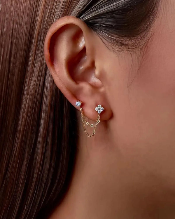 14K Solid Gold Lab Grown Diamond Clover Chain Earrings