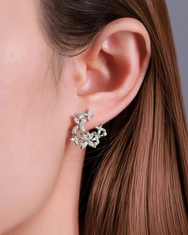 18K Solid Gold Natural Diamond Cluster Stud Earrings | Natural Diamond Floral Stud Earrings - Side View | Riyanika Jewels