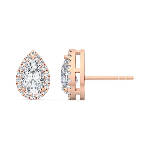 18K Solid Gold 1.18Ct Lab Grown Diamond Pear Shape Halo Studs Earrings - Side View | Riyanika Jewels