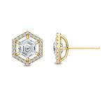 1.68CT Natural Diamond Hexagon Stud Earrings in 18K Solid Gold | Hexagon Halo Diamond Studs - Detail | Riyanika Jewels