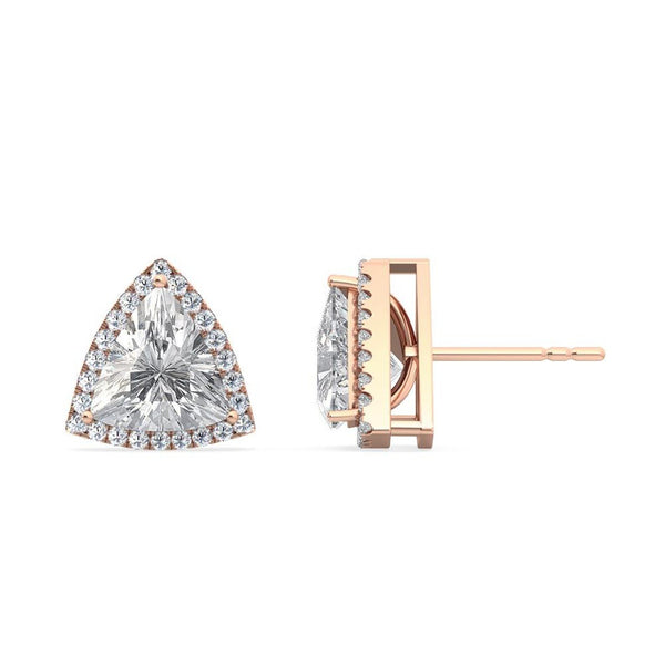 18K Solid Gold 2.13Ct Trillion Cut Natural Diamond Halo Stud Earrings - Side View | Riyanika Jewels