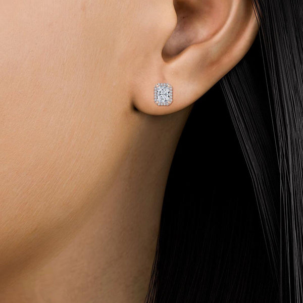 18K Solid Gold 1.5ct Radiant Cut Natural Diamond Halo Stud Earrings - Side View | Riyanika Jewels