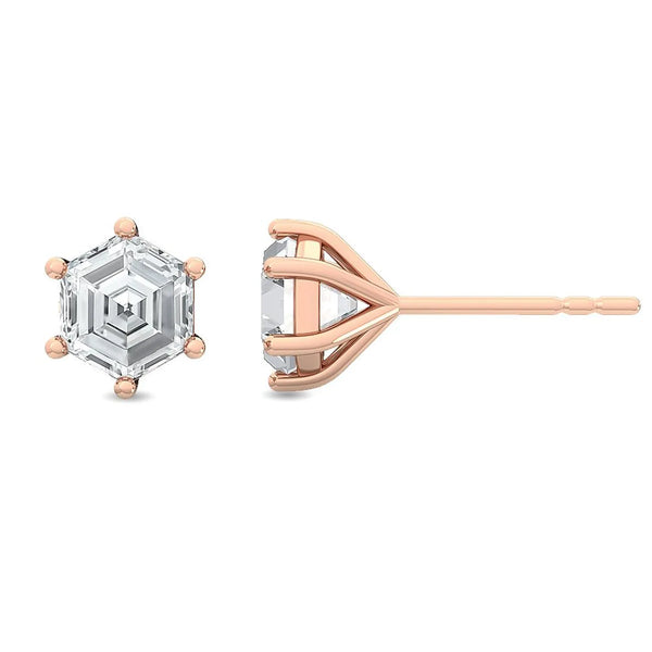 18K Solid Gold 1.00ct Hexagon Natural Diamond Studs - Side View | Riyanika Jewels