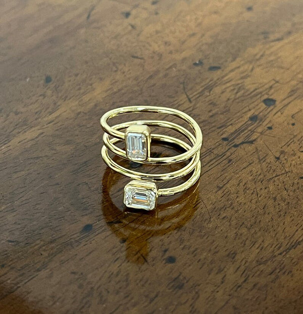 18K Solid Gold Double Emerald Cut Lab Grown Diamond Twisted Engagement Ring - Side View | Riyanika Jewels