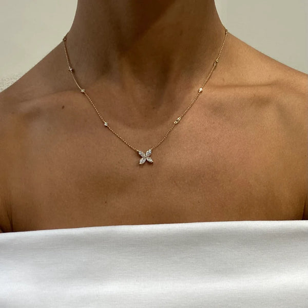 18K Solid Gold Marquise & Round Lab Grown Diamond Prong Flower Pendant Necklace - Side View | Riyanika Jewels