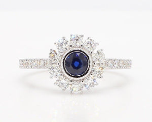18K Solid Gold Blue Round Sapphire & Lab Grown Diamond 1.00 Carat Ring | Riyanika Jewels