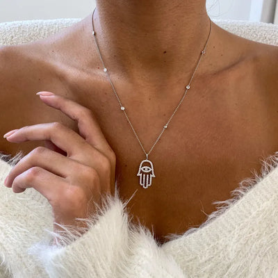 14K Solid Gold Diamond Hamsa Pendant Necklace