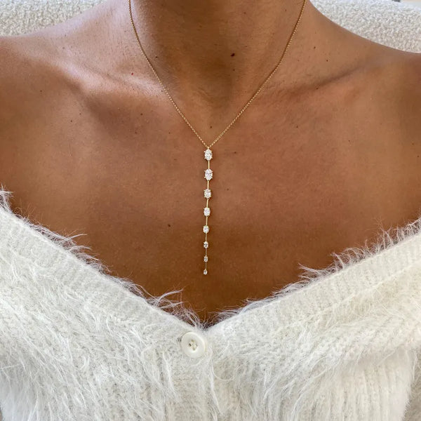 14K Natural Diamond Oval Cut Lariat Necklace