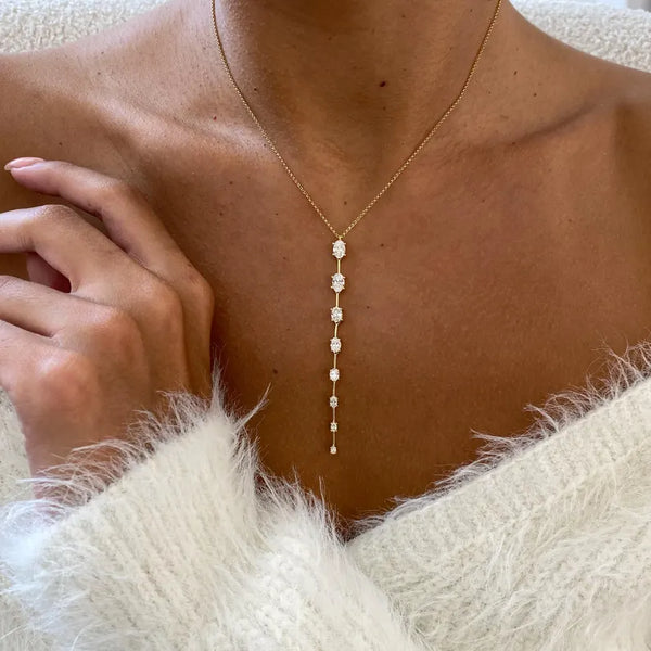 18K Solid Gold Lab Grown Diamond Oval Lariat Necklace - Side View | Riyanika Jewels