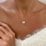 18K Solid Gold Diamond Emerald & Round Halo Pendant Necklace - Alternate Angle | Riyanika Jewels