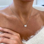 18K Solid Gold Diamond Emerald & Round Halo Pendant Necklace - Detail | Riyanika Jewels