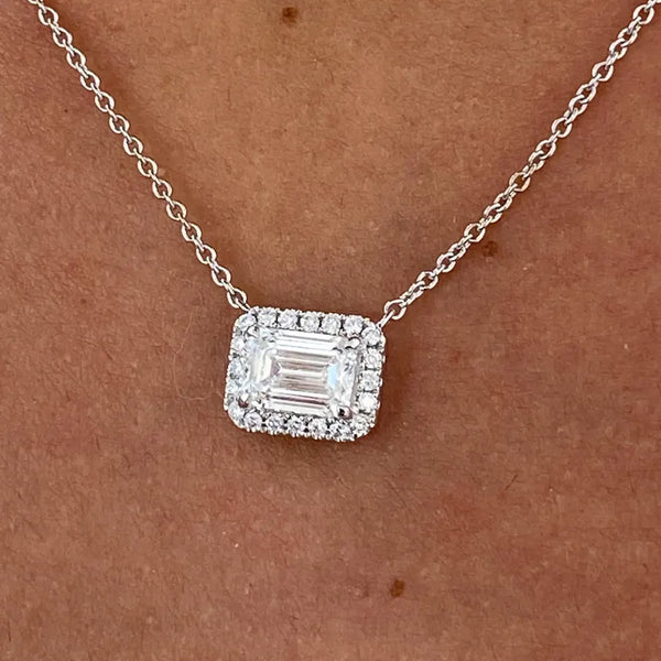 14K Emerald Round Cut Halo Pendant Necklace