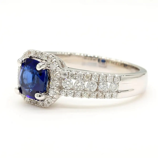 18K Solid Gold Blue Cushion Sapphire & Lab Grown Diamond 1.58 Carat Cocktail Ring - Side View