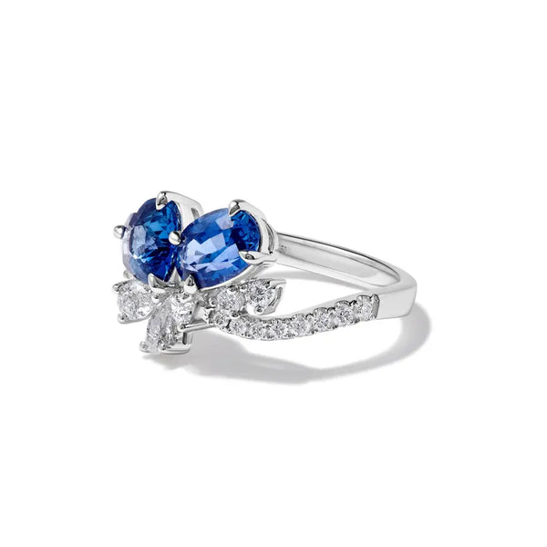 18K Solid Gold 3.22 Carat Heart Blue Sapphire and White Lab Grown Diamond Cocktail Ring - Side View