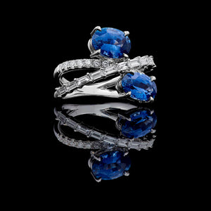 18K Solid Gold 4.42 Carat Oval Blue Sapphire and White Lab Grown Diamond Cocktail Ring