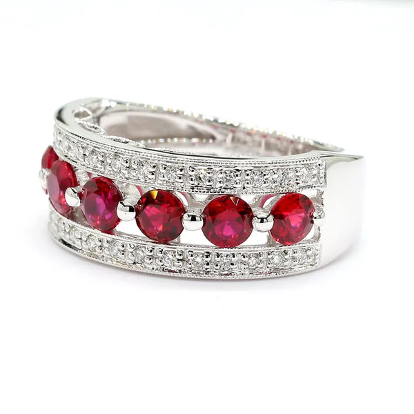 18K Solid Gold Red Round Ruby & Lab Grown Diamond 1.69 Carat Cocktail Band - Side View | Riyanika Jewels