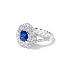 18K Solid Gold 2.40 Carat Cushion Blue Sapphire and White Lab Grown Diamond Cocktail Ring