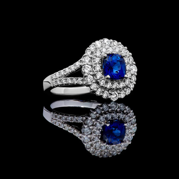 18K Solid Gold 2.40 Carat Cushion Blue Sapphire and White Lab Grown Diamond Cocktail Ring - Side View | Riyanika Jewels
