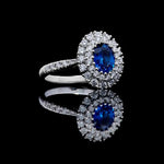 18K Solid Gold Blue Oval Sapphire & Lab Grown Diamond 1.85 Carat Cocktail Ring - Close Up
