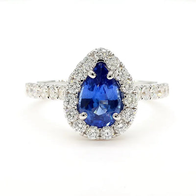 18K Solid Gold Blue Pear Sapphire & Lab Grown White Diamond 1.92 Carat Cocktail Ring