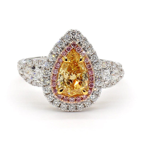 18K Solid Gold IGI Certified Lab Grown Yellow Pear Diamond 2.00 Carat CTW Cocktail Ring - Side View | Riyanika Jewels