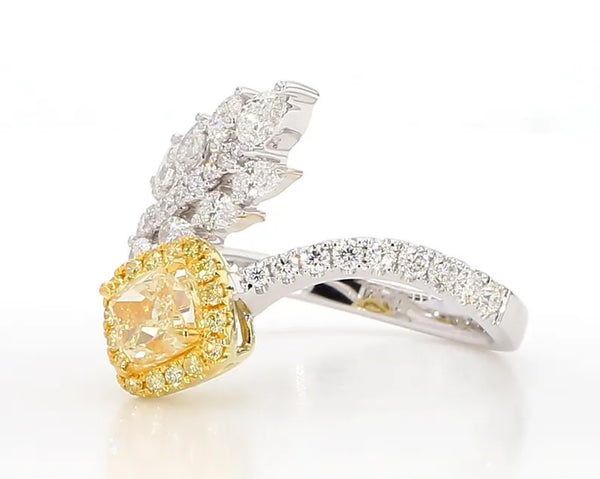 18K Solid Gold Cushion Lab Grown Yellow Diamond 1.59 Carat Cocktail Ring - Side View | Riyanika Jewels
