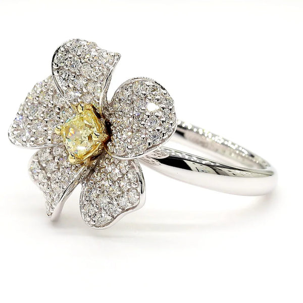 18K Solid Gold Cushion Lab Grown Yellow Diamond 1.31 Carat Cocktail Ring - Side View | Riyanika Jewels