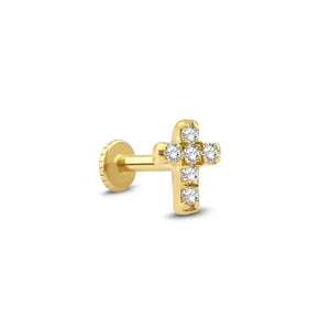 14K Solid Gold Lab Grown Diamond Cross Piercing | Minimalist Tragus & Helix Earring
