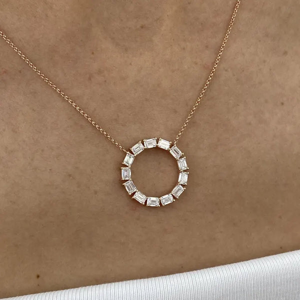14K Natural Diamond Emerald Cut Pendant Necklace