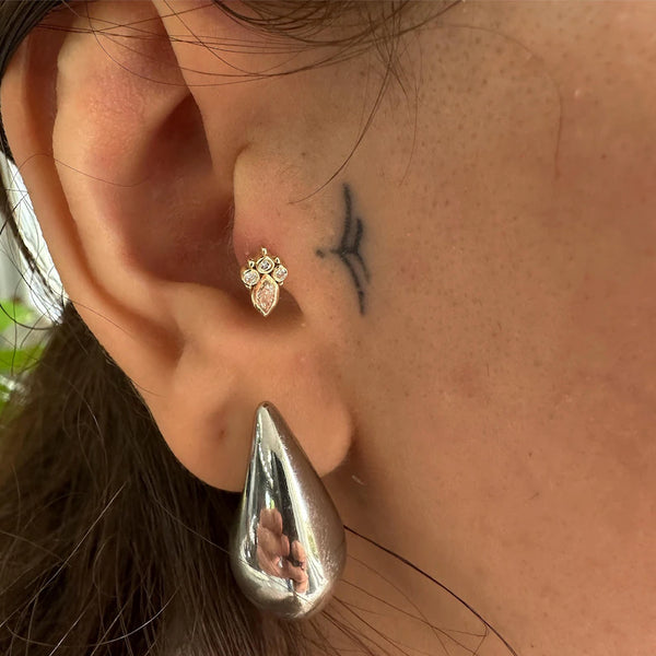 18K Solid Gold Marquise Lab Grown Diamond Bezel Piercing | Tragus & Helix Earring - Side View | Riyanika Jewels