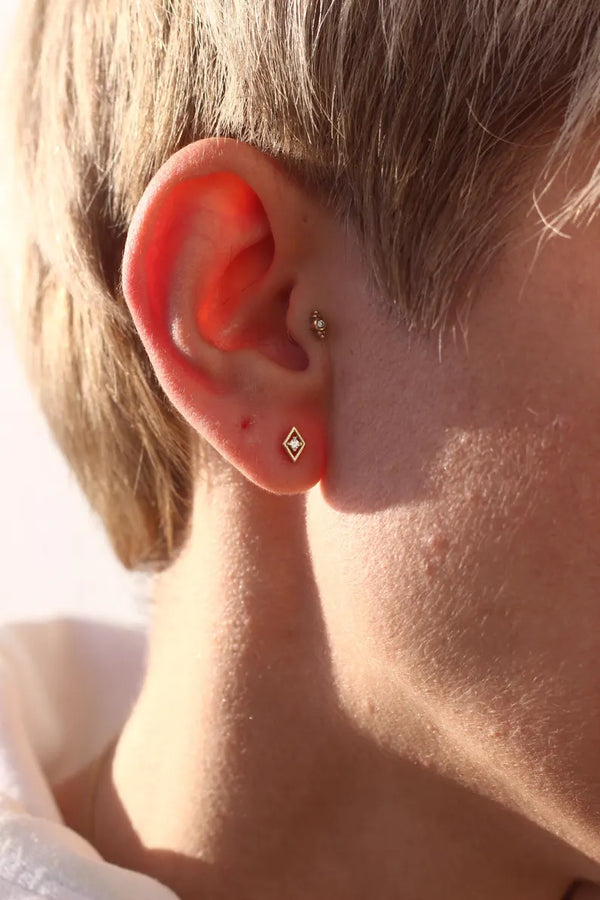 18K Solid Gold Lab Grown Diamond Solitaire Square Piercing | Prong Set Stud Earring - Side View | Riyanika Jewels