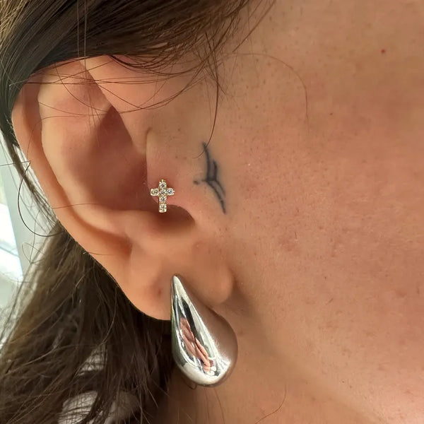 14K Solid Gold Lab Grown Diamond Cross Piercing | Minimalist Tragus & Helix Earring