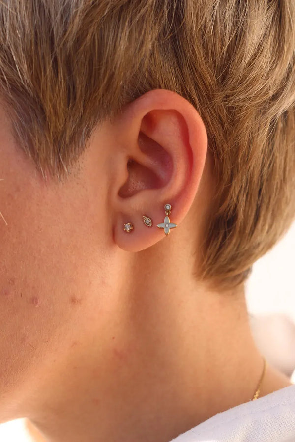 18K Solid Gold Natural Diamond Solitaire Piercing | Prong Set Stud Earring - Side View | Riyanika Jewels