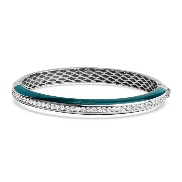14K Solid Gold Lab Grown Diamond and Malachite Enamel Bangle Bracelet
