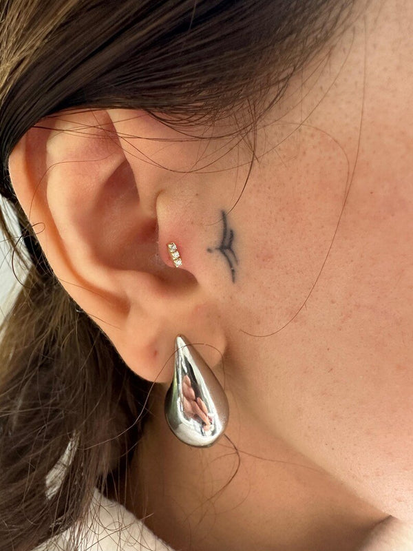 18K Solid Gold Natural Diamond Trio Piercing | Screw Back Stud for Tragus & Cartilage - Side View | Riyanika Jewels