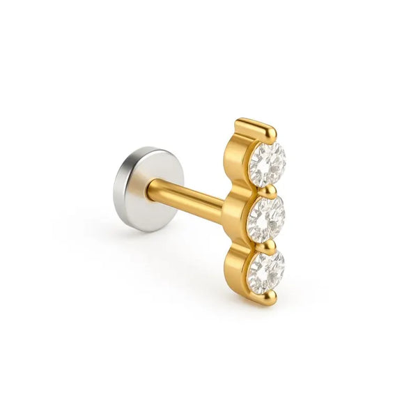 14K Solid Gold Lab Grown Diamond Trio Piercing | Screw Back Stud for Tragus & Cartilage