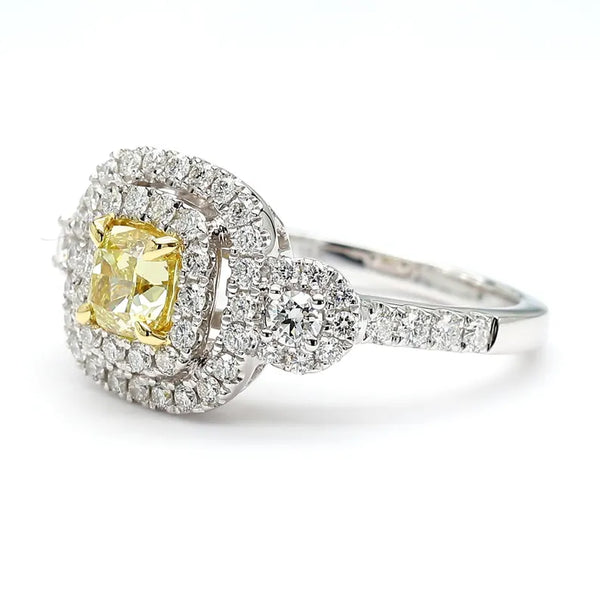 18K Solid Gold Cushion Lab Grown Yellow Diamond 1.49 Carat Cocktail Ring - Side View | Riyanika Jewels