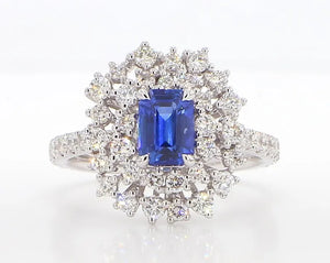 18K Solid Gold Blue Radiant Sapphire & Lab Grown White Diamond 2.36 Carat Cocktail Ring
