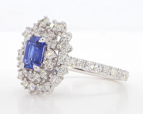 18K Solid Gold Blue Radiant Sapphire & Lab Grown White Diamond 2.36 Carat Cocktail Ring - Side View