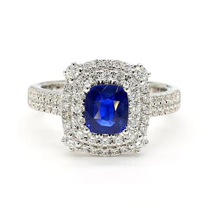 18K Solid Gold Blue Cushion Sapphire & Lab Grown Diamond 1.77 Carat Cocktail Ring | Riyanika Jewels