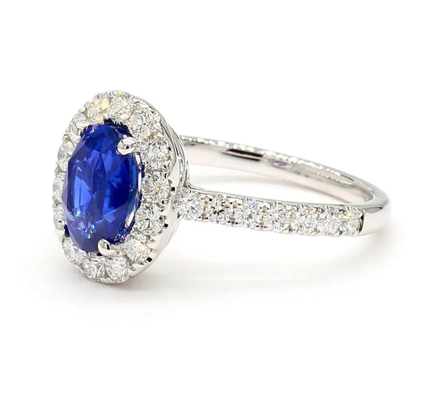 18K Solid Gold Blue Oval Sapphire & Lab Grown White Diamond 2.45 Carat Cocktail Ring - Side View