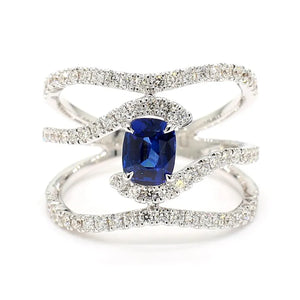 18K Solid Gold Blue Cushion Sapphire & Lab Grown Diamond 1.73 Carat Cocktail Ring | Riyanika Jewels