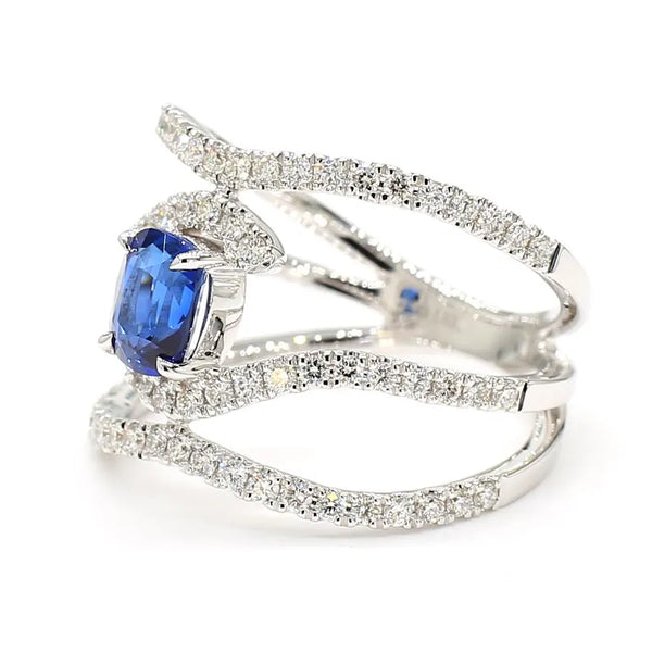 18K Solid Gold Blue Cushion Sapphire & Lab Grown Diamond 1.73 Carat Cocktail Ring - Side View