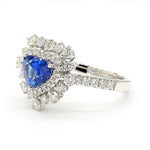 18K Solid Gold Blue Heart Sapphire & Lab Grown White Diamond 2.36 Carat Cocktail Ring - Close Up