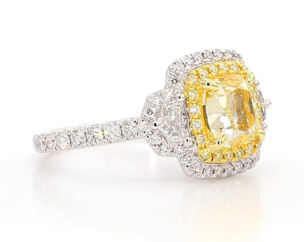 18K Solid Gold IGI Certified Lab Grown Yellow Cushion Diamond 3.05 Carat CTW Cocktail Ring - Side View | Riyanika Jewels