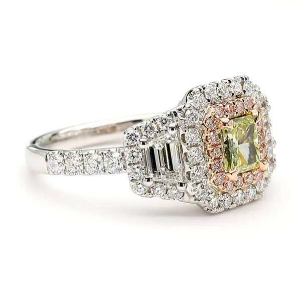 18K Solid Gold IGI Certified Lab Grown Fancy Green-Yellow Radiant Diamond 1.81 Carat CTW Ring - Side View | Riyanika Jewels
