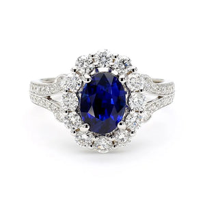 18K Solid Gold Blue Oval Sapphire & Lab Grown White Diamond 2.47 Carat Cocktail Ring