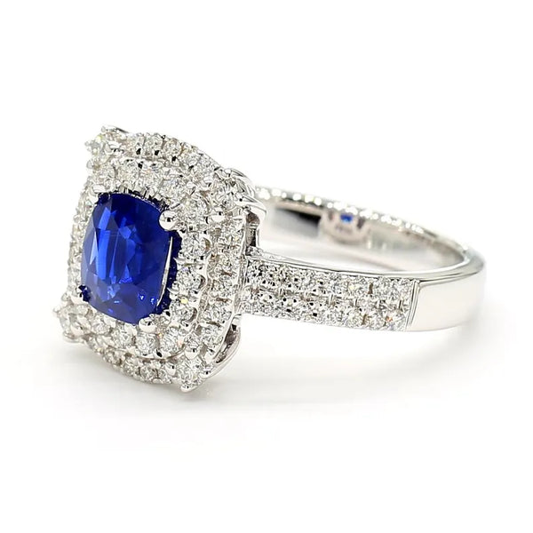 18K Solid Gold Blue Cushion Sapphire & Lab Grown Diamond 1.77 Carat Cocktail Ring - Side View