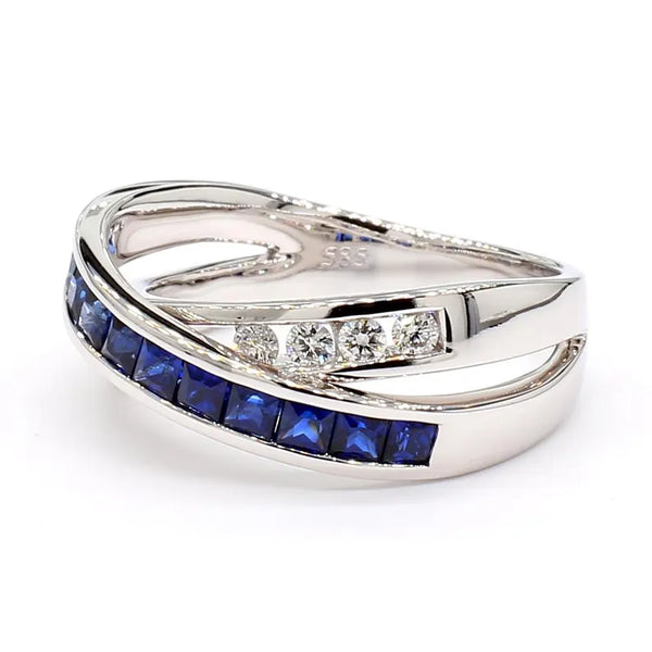 18K Solid Gold Blue Princess Sapphire & Lab Grown Diamond 1.15 Carat Cocktail Band - Side View